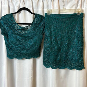 Xtraordinary Set Green Lace Crop Top with Midi Skirt Formal Party Holiday Size 9